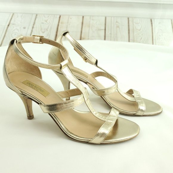 Dee Keller Womens Gold Leather Open Toe Strappy Stiletto Heels Size US 7.5 EU 38 - Picture 1 of 13